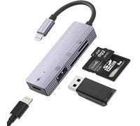 Adaptador de cámara Lightning a USB [certificado Apple MFi], lector de tarjetas IVSHOWCO SD/Micro SD de doble ranura + adaptador USB para iPhone + puerto de carga Lightning, adaptador de iPad 4 en 1