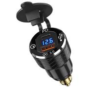 Adaptador de Cargador Motocicleta USB C PD 3.0 30W para Hella DIN 12V/24V | Toma de Carga Rápida USB-C Impermeable de aAluminio 30W PD3.0 y 18W QC3.0 con Pantalla LED para BMW, Triumph y Ducati