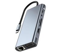 Adaptador de concentradores USB C multipuertos 11 en 1 para portátiles, cuenta con 4K HDTV VGA, 100 W, carga rápida, 3 puertos USB, conectividad Ethernet, multipuertos C, estación de acoplamiento