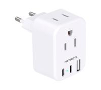 Adaptador de enchufe europeo para viajes con 2 tomas de corriente y 3 puertos USB (2x USB-C), compatible con EE. UU. a Italia, España, Francia,