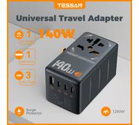 Adaptador de enchufe internacional TESSAN, adaptador de viaje GaN con toma universal, 1 USB A, 3 cargadores rápidos tipo C para UE/Reino Unido/EE. UU./Australia Black 35W