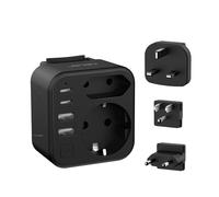 Adaptador de Enchufe Universal JSVER con 3 Enchufes Reemplazables Tipo B/G/C y 2 Enchufes de CA,4 Puertos USB-C con Interruptor,Cargador para España, EE. UU., Reino Unido, UE/Singapur/Canadá(Negro)