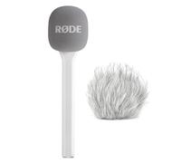 Adaptador de mano Rode Interview GO para módulos transmisores inalámbricos blancos con protector de viento de pelo keepdrum