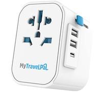 Adaptador de viaje a nivel mundial con puertos USB-C y USB | El adaptador todo en uno más seguro y potente | MyTravelPal® Pro: Cargador de pared internacional con tierra universal | EE. UU