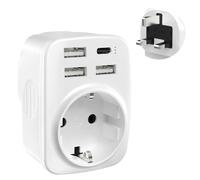 Adaptador de viaje Adaptador Reino Unido Inglaterra Alemania enchufe, adaptador de enchufe 5 en 1 Inglaterra con 1 CA, 1 USB-C + 3 USB-A (3,4 A), adaptador de viaje tipo G, adaptador de viaje para