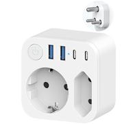 Adaptador de viaje de Alemania a la India con 4 USB (2 tipo C), adaptador de salida de 2 vías, adaptador de enchufe de viaje Schuko a tipo D para Sri Lanka, India, Nepal zócalo, blanco