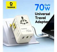 Adaptador de Viaje Universal Baseus 70W GaN con 2 Tomas de CA, 1 Puerto USB, 2 Puertos Tipo C, Cable Retráctil, Cargador Rápido, Enchufe 6 en 1 para UE, Reino Unido, EE. UU., Australia Black