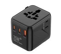 Adaptador de Viaje Universal con 2 USB-C y USB-A - Enchufe Mundial ultracompacto de 2” con Fusible Extra - Cargador Internacional GaN3 PD 25W para Europa, Reino Unido, Asia, AU y Japón - CE y RoHS