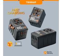 Adaptador de viaje universal TESSAN GaN, cargador de viaje de carga rápida para enchufes de EE. UU., UE, Reino Unido y Australia, enchufe completamente funcional, regleta Gan Black 100W