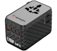 Adaptador de Viaje Universal Verbatim GAN 170W Negro con 3 Puertos USB-C, 1 Puerto USB-A y 2 enchufes USA/JP - Carga rápida para MacBook, Ordenador portátil, iPhone 17 y más