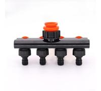 Adaptador divisor de manguera de jardín de 4 vías con válvulas de flujo independientes que convierte una espiga en cuatro salidas para un riego eficiente de patio y agrícola