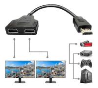 Adaptador divisor HDMI de 2 puertos, cable macho a doble hembra de 1080p para visualización simultánea en dos monitores idénticos.