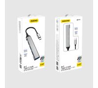 Adaptador divisor HUB de conector USB-C a 4 puertos USB, color negro y gris.