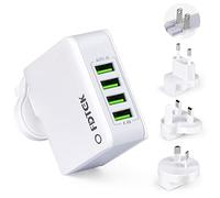 Adaptador Enchufe Universal Adaptador de Viaje Internacional, Cargador Multiple USB de Pared 22W 4.4A Cargador Universal con Enchufe US/UK/EU/AU para iPhone/Samsung/Huawei/iPad/Android/Tablet, Blanco