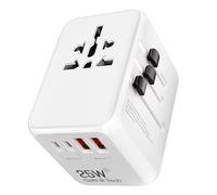 Adaptador Enchufe Universal para Viajes 25W GAN, 5 en 1 Universal Travel Adapter con 2 USB C y 2 USB A, Adaptador de Viaje Internacional para UK, EU, Australia, Reino Unido, Japón