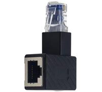 Adaptador Ethernet con diseño en codo de 90 grados, perfecto para espacios reducidos y compatible con Cat6 para conexiones de alta velocidad.
