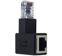 Adaptador Ethernet con diseño en codo de 90 grados, perfecto para espacios reducidos y compatible con Cat6 para conexiones de alta velocidad.