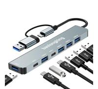 Adaptador HUB 7 en 1, concentrador USB C con 2 puertos de datos USB-C, USB 3.0 y 4USB2.0, adaptador multipuerto USB C portátil, para tablet, portátil, PS5/PS4, interruptor, impresora, ventilador USB,