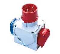 Adaptador industrial doble enchufe Color 3P + N + T 16 A CEE roja 400 V - IP44. Toma Color 1 x 2p + t 16 a Azul IP44 - 1 x 3P + T 16 A Rojo IP44.
