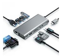 Adaptador multipuerto USB C Hub 11 en 1, estación de acoplamiento dual monitor con HDMI 4K, VGA, USB 3.0 5 Gbps, lector de tarjetas SD/TF, PD tipo C, audio de 3.5 mm, Ethernet, compatible con MacBook