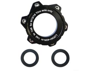 Adaptador robusto para una fijación segura de rotores de 6 pernos a bujes de bloqueo central con espacio extendido para marcos Boost (trasero 12 x 142 a 148 negro)
