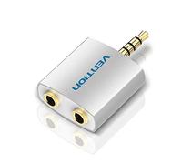 Adaptador Splitter de Áudio Jack 3.5mm Macho 3 conetores para 2 Jacks 3.5mm Fêmea, com portas de Áudio e microfone separadas - Prateado Metalizado