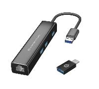 ADAPTADOR USB A GIGABIT ETHERNET RJ45 CONCEPTRONIC CON HUB USB 3.0 3 PUERTOS Y ADAPTADOR USB-C