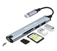 Adaptador USB C 5 en 1 con 2 puertos USB y lector de tarjetas, adaptador para auriculares de 3,5 mm, compatible con MacBook, ordenadores portátiles, teléfonos móviles y tabletas