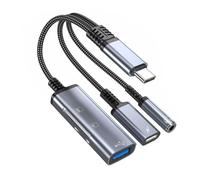 Adaptador USB C 5 en 1 con conector jack de 3,5 mm, puerto de carga USB C y puerto de datos, lector de tarjetas SD/TF y USB OTG, divisor USB C para carga, música y transferencia de datos, compatible