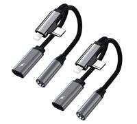 Adaptador USB C/Lightning a Jack 3.5 mm, Adaptador de auriculares 2 en 2 y carga USB-C, Auriculares a Jack Audio Compatible con i Phone 16/15/14/13/12/X/8/7/Pad Galaxy S24/S23 (2 pieza/plateado)