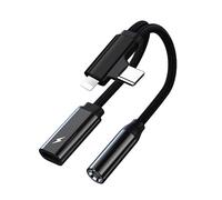 Adaptador USB C/Lightning a Jack 3.5 mm, Adaptador de auriculares 2 en 2 y carga USB-C, Auriculares a Jack Audio Compatible con i Phone 16/15/14/13/12/X/8/7/Pad Galaxy S24/S23 (1 pieza/negro)