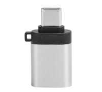 Adaptador USB con diseño de llavero, transferencia y sincronización de datos rápidas en un paquete portátil de aleación de aluminio plateado.