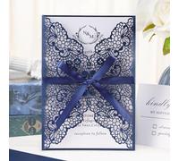 AdasBridal 50 tarjetas de invitación de boda cortadas con láser, color azul marino, invitaciones en blanco con sobres, cintas para bodas, despedidas de soltera, compromisos, cumpleaños, dulces 16
