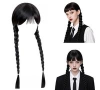 Addams Peluca de Miércoles P-eluca, P-eluca Adams con Flequillo, Peluca Mujer Niña Larga P-eluca Negra con Trenzas, Pelucas para Halloween Carnaval Cosplay Fiesta