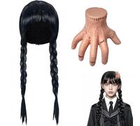 Addams Peluca de Miércoles Peluca, Pelucas Largas Negras Dobles Trenzadas, Addams Peluca Trenzas Negra Miércoles, Peluca Miercoles para Mujeres y Niñas, Pelucas para Halloween Carnaval Cosplay Fiesta