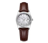 addies Reloj de Lujo para Mujer Movimiento de Cuarzo Suizo Ronda 585 Esfera de nácar Diamantes de imitación checos Cristal de Zafiro 28mm Resistencia 50m Correa de Cuero marrón