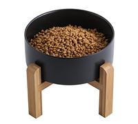 Addogyy Cuenco de cerámica elevado y elevado negro para perros con soporte de madera para razas medianas y grandes, plato de agua para comida para perros, pesado, antideslizante, moderno y bonito
