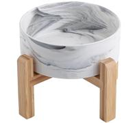 Addogyy Cuenco elevado y elevado de cerámica para perros con soporte de madera para razas pequeñas y medianas, plato de agua para comida para perros, cuenco de porcelana antideslizante de 6 pulgadas