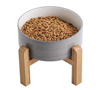 Addogyy Cuenco elevado y elevado de cerámica para perros con soporte de madera para razas pequeñas y medianas, plato de agua para comida para perros, pesado, antideslizante, moderno, lindo, porcelana
