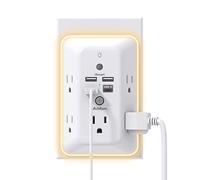 Addtam Extensor de salida con protector de sobretensión, extensión de enchufe con luz nocturna, divisor de 5 salidas y 4 puertos USB (1 USB C), toma de pared multienchufe para hogar, oficina