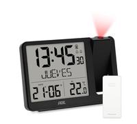 ADE Despertador Digital radiocontrolado con proyección y Sensor Exterior | 2 Horas de Despertador | Reloj con indicación de Temperatura, Fecha y día de la Semana | Incl. Cable de Red | Negro