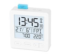 ADE Radio despertador digital con batería, reloj con luz, reloj con indicador de temperatura, despertador de viaje, con termómetro e indicador de fecha, color blanco