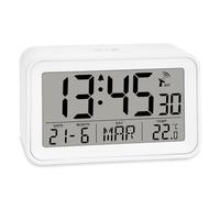 ADE Reloj Despertador Digital radiocontrolado con luz | Indicador de Temperatura y Calendario | Despertador de Viaje pequeño | Reloj Digital de sobremesa | Bonita Carcasa Blanca Mate | con Pila