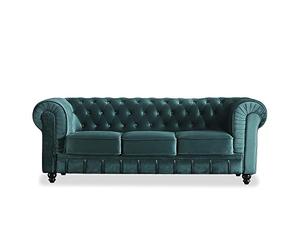 Adec Group Chesterfield, Sofa de Tres Plazas, Sillon Descanso, 3 Personas, Acabado en Tejido Velvet Verde y Capitone, Medidas: 211 cm (Largo) x 84 cm (Fondo) x 75 cm (Alto)