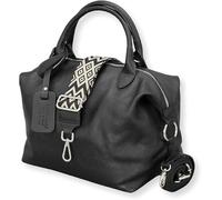 ADEL BIANCA Bolso de mano para mujer, de piel auténtica, con correa de piel + correa ancha estampada, 3 compartimentos, elegante, fabricado en Italia, Negro