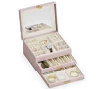 ADEL DREAM Joyero de 3 niveles con botón de trébol, almacenamiento de joyas con bandeja extraíble, organizador de joyas con espejo grande, compartimentos ajustables para manualidades, para madres y