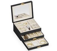 ADEL DREAM Joyero de 3 niveles con botón de trébol, almacenamiento de joyas con bandeja extraíble, organizador de joyas con espejo grande, compartimentos ajustables para manualidades, para madres y