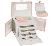 AdelDream Joyero grande con cerradura 5 niveles con 5 cajones con espejo para anillos pendientes collares y pulseras elegante y clásico rosa 3
