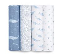 aden + anais Oceanic - Juego de 4 Mantas de Muselina orgánica 100% Transpirable para bebés y niños, diseño Estampado de Estrellas, Color Azul, Gales, artículos Esenciales para Dormir