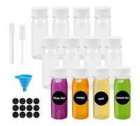 ADERTOS 12 Botellas Pequeñas 60ml con Embudo - Botellas de Plástico Transparente para Zumo, Shot de Jengibre, Smoothie, Whisky, Sirope y Licores - Kit Completo con Etiquetas, Pincel y Bolígrafo
